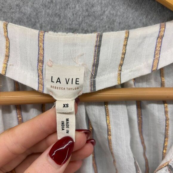 La Vie Rebecca Taylor Size XS Striped Ruffle Sleeve Blouse CottonMetallic Blend - Picture 2 of 9